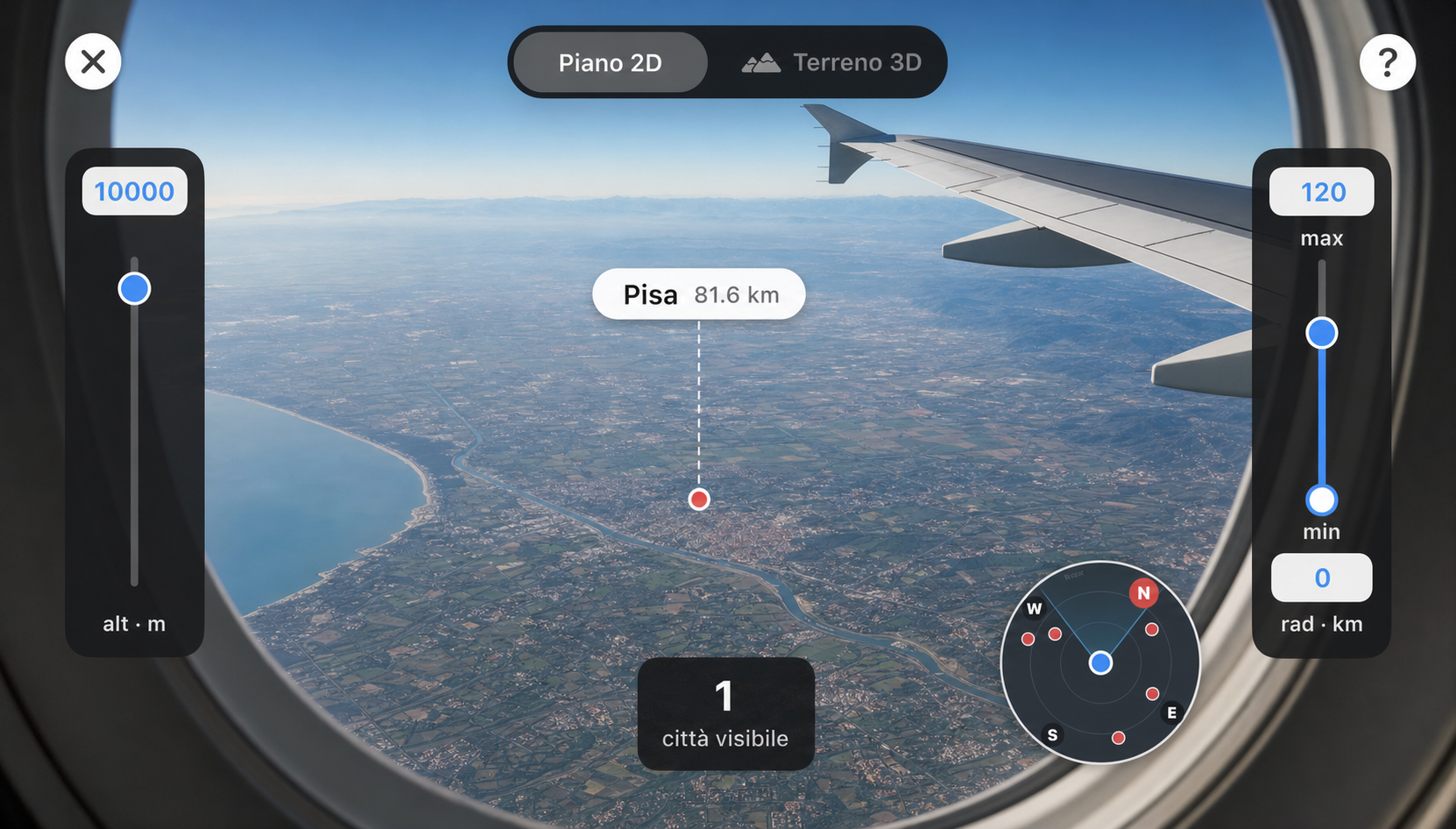 CitySpotter dal finestrino di un aereo: riconosce Pisa a 81 km di distanza