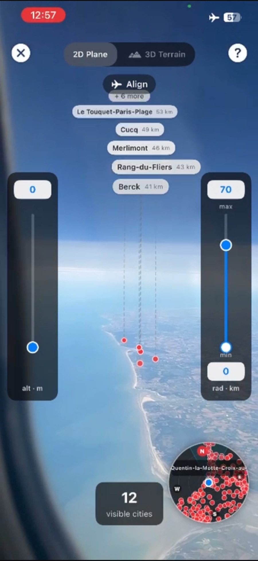 CitySpotter crossing the French coast at cruising altitude, many cities in view