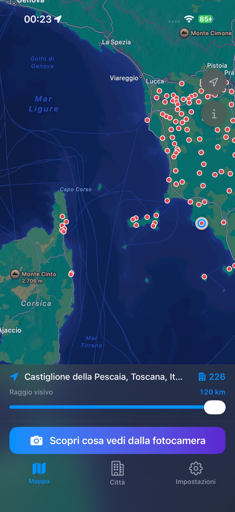 CitySpotter map from Castiglione della Pescaia, Tuscany: a 120 km radius reaching pins across the sea into Corsica