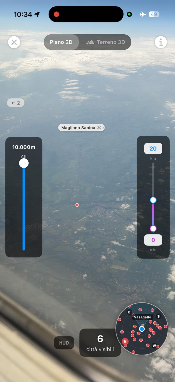 CitySpotter from an airplane window at 10,000 m: Magliano Sabina labelled 20 km below, 6 cities in view