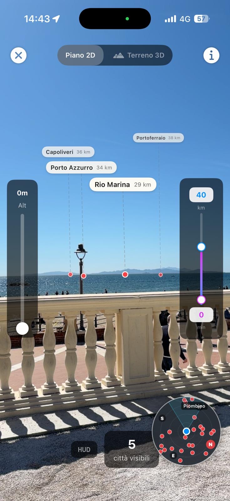 CitySpotter seaside view in 2D mode, all cities in range labelled
