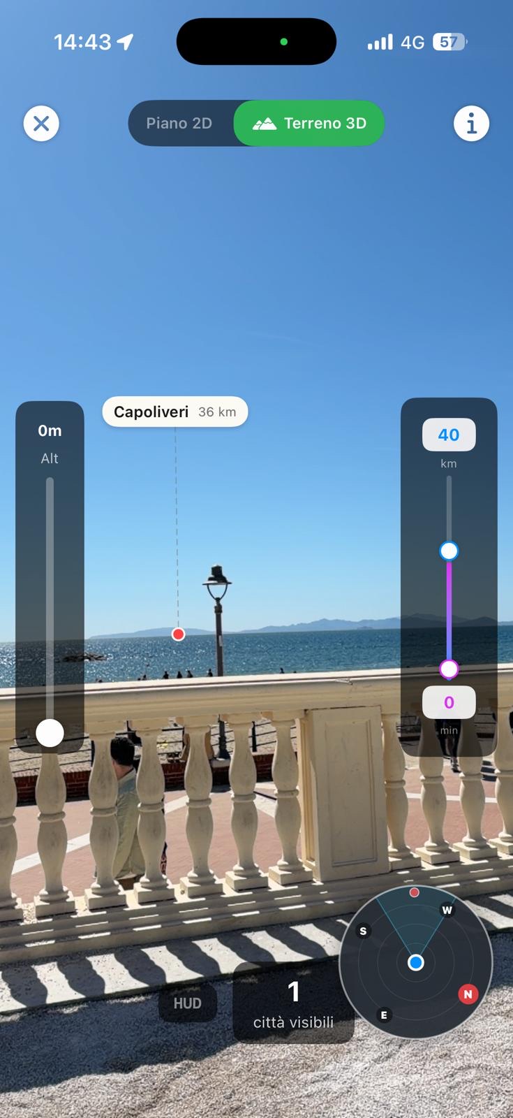 CitySpotter seaside view in 3D Terrain mode, only geometrically visible cities labelled