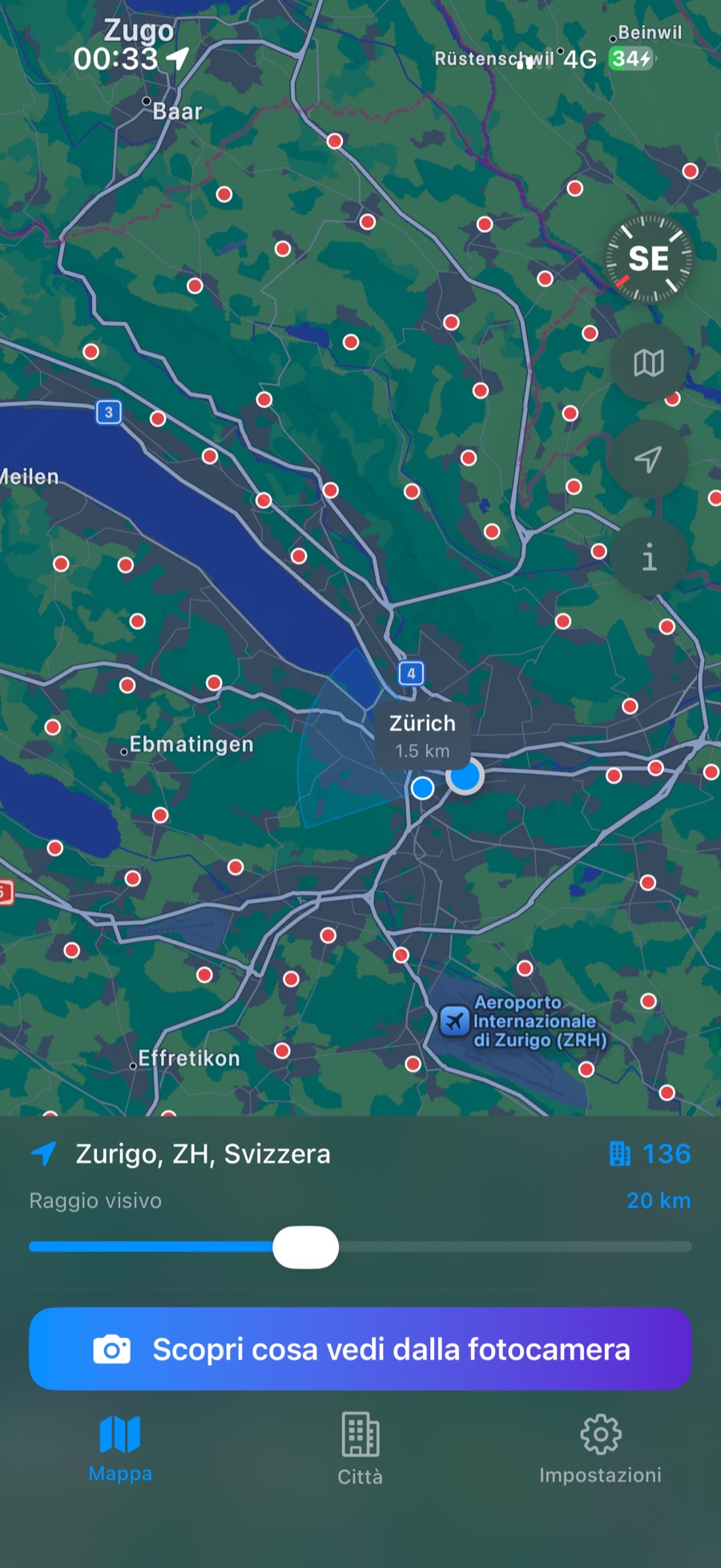 CitySpotter map view in Zürich: 136 towns within a 20 km radius